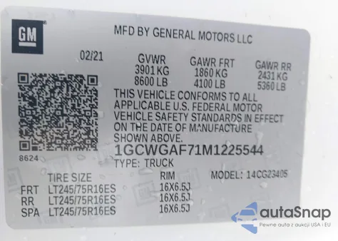 2021 Chevrolet Express Cargo Rwd 2500 Regular Wheelbase Wt из США, поврежденный, VIN 1GCWGAF71M1225544